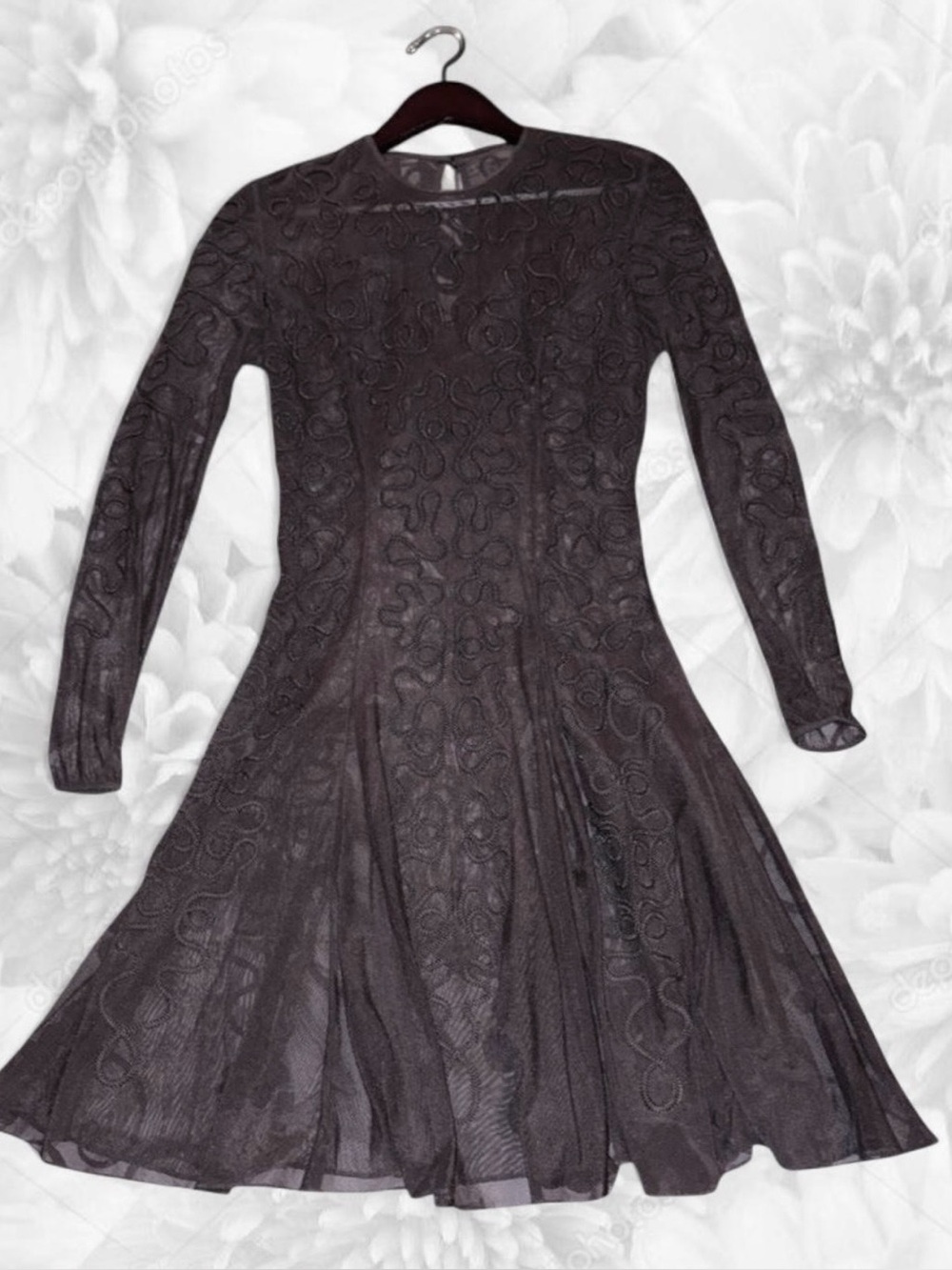 Vintage Y2K Sheer Cache Long-Sleeve Lace Fit & Flare Dress in black